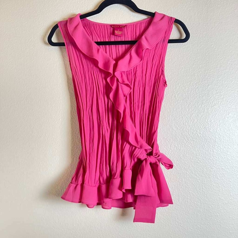 Sunny Leigh Hot Pink Pleated Ruffle‎ Wrap Blouse Sleeveless Side Tie Top Medium